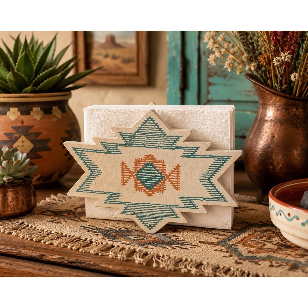 Southwestern Wooden Napkin Holder Hand Painted Aztec Tribal Design 7.5" VTG